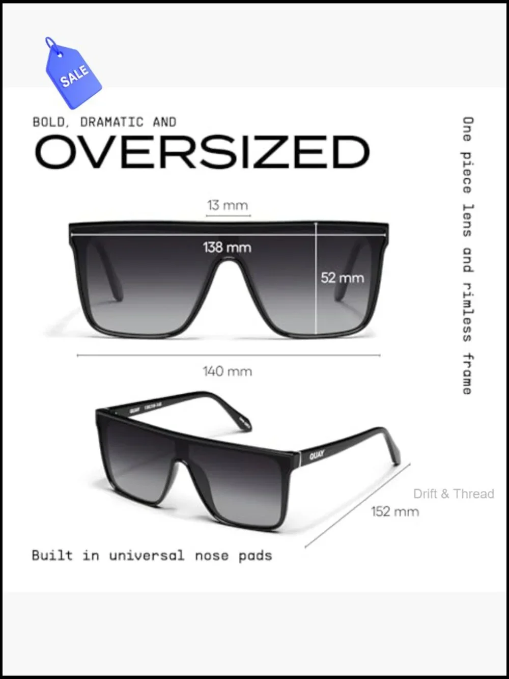 Oversized Shield Sunglasses with UV Protection and Hard Case